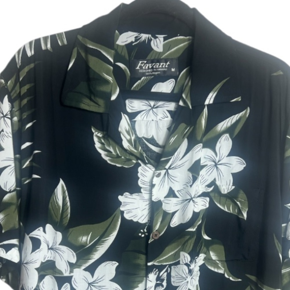 Favant Hawaii Short Sleeve Hawaiian Shirt Floral Tropical Button Black White - Picture 3 of 6